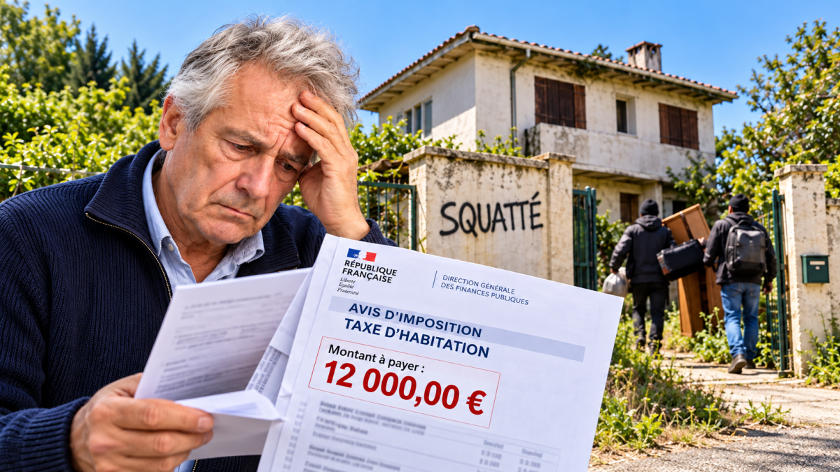 Un retraité au visage inquiet examine un avis d'imposition de taxe d'habitation affichant un montant de 12 000 euros. Derrière lui, une maison dégradée porte l'inscription « Squatté » sur son mur, tandis que deux personnes transportant des affaires se dirigent vers la propriété. Image illustrant l'affaire d'un retraité d'Anglet, expulsé de sa maison familiale, ensuite occupée par des squatteurs, et confronté à une réclamation fiscale de 12 000 euros.