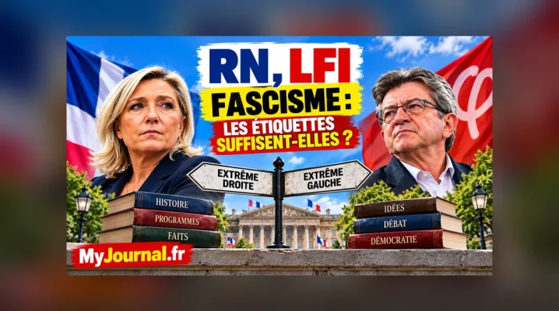 Illustration RN LFI fascisme avec Marine Le Pen et Jean-Luc Mélenchon, autour du débat entre extrême droite, extrême gauche et usage politique du mot fascisme.