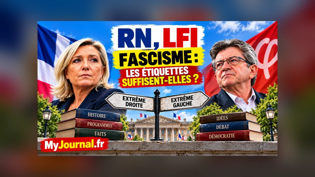 Illustration RN LFI fascisme avec Marine Le Pen et Jean-Luc Mélenchon, autour du débat entre extrême droite, extrême gauche et usage politique du mot fascisme.