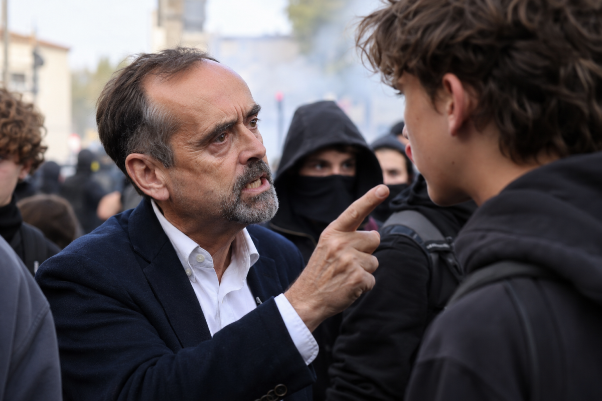Robert Ménard face à un jeune manifestant lors d’une mobilisation lycéenne à Béziers, dans une scène tendue au milieu d’un rassemblement.