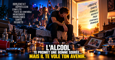 « Affiche de prévention contre les dangers de l’alcool montrant un homme en détresse, assis au milieu de bouteilles après une soirée alcoolisée. En arrière-plan, des personnes font la fête tandis qu’une porte ouverte vers la lumière symbolise l’espoir d’une vie sans alcool. Les mots isolement, dépression, conflits, perte de contrôle et regrets illustrent les conséquences possibles de l’alcool sur la santé, le couple et la vie sociale. Le message principal indique : “L’alcool te promet une bonne soirée… mais il te vole ton avenir.” »