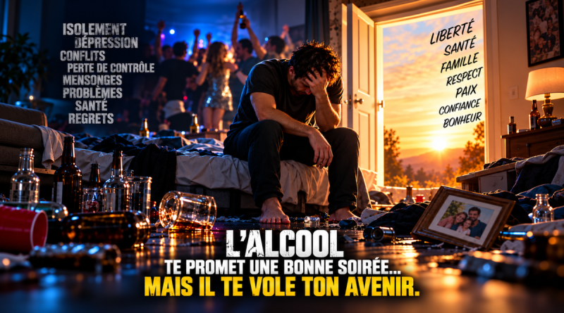 « Affiche de prévention contre les dangers de l’alcool montrant un homme en détresse, assis au milieu de bouteilles après une soirée alcoolisée. En arrière-plan, des personnes font la fête tandis qu’une porte ouverte vers la lumière symbolise l’espoir d’une vie sans alcool. Les mots isolement, dépression, conflits, perte de contrôle et regrets illustrent les conséquences possibles de l’alcool sur la santé, le couple et la vie sociale. Le message principal indique : “L’alcool te promet une bonne soirée… mais il te vole ton avenir.” »