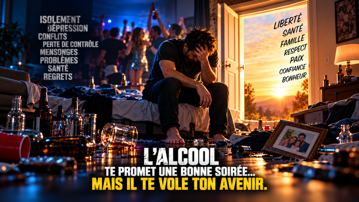 « Affiche de prévention contre les dangers de l’alcool montrant un homme en détresse, assis au milieu de bouteilles après une soirée alcoolisée. En arrière-plan, des personnes font la fête tandis qu’une porte ouverte vers la lumière symbolise l’espoir d’une vie sans alcool. Les mots isolement, dépression, conflits, perte de contrôle et regrets illustrent les conséquences possibles de l’alcool sur la santé, le couple et la vie sociale. Le message principal indique : “L’alcool te promet une bonne soirée… mais il te vole ton avenir.” »