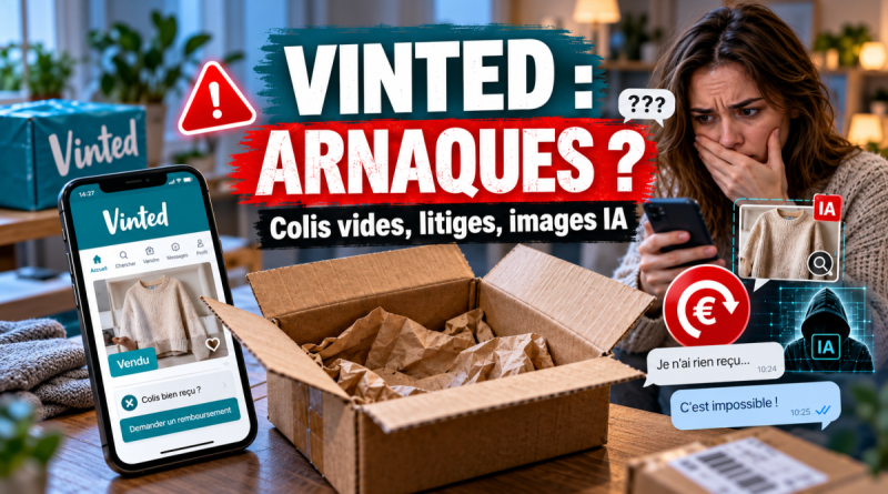 Illustration d’un article sur les arnaques et litiges sur Vinted montrant un colis en carton ouvert et vide, un smartphone affichant l’application Vinted, une vendeuse inquiète et des éléments évoquant les remboursements, les colis déclarés non reçus et les images potentiellement générées ou modifiées par intelligence artificielle.