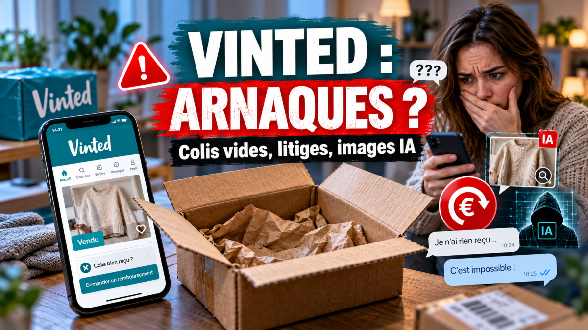 Illustration d’un article sur les arnaques et litiges sur Vinted montrant un colis en carton ouvert et vide, un smartphone affichant l’application Vinted, une vendeuse inquiète et des éléments évoquant les remboursements, les colis déclarés non reçus et les images potentiellement générées ou modifiées par intelligence artificielle.